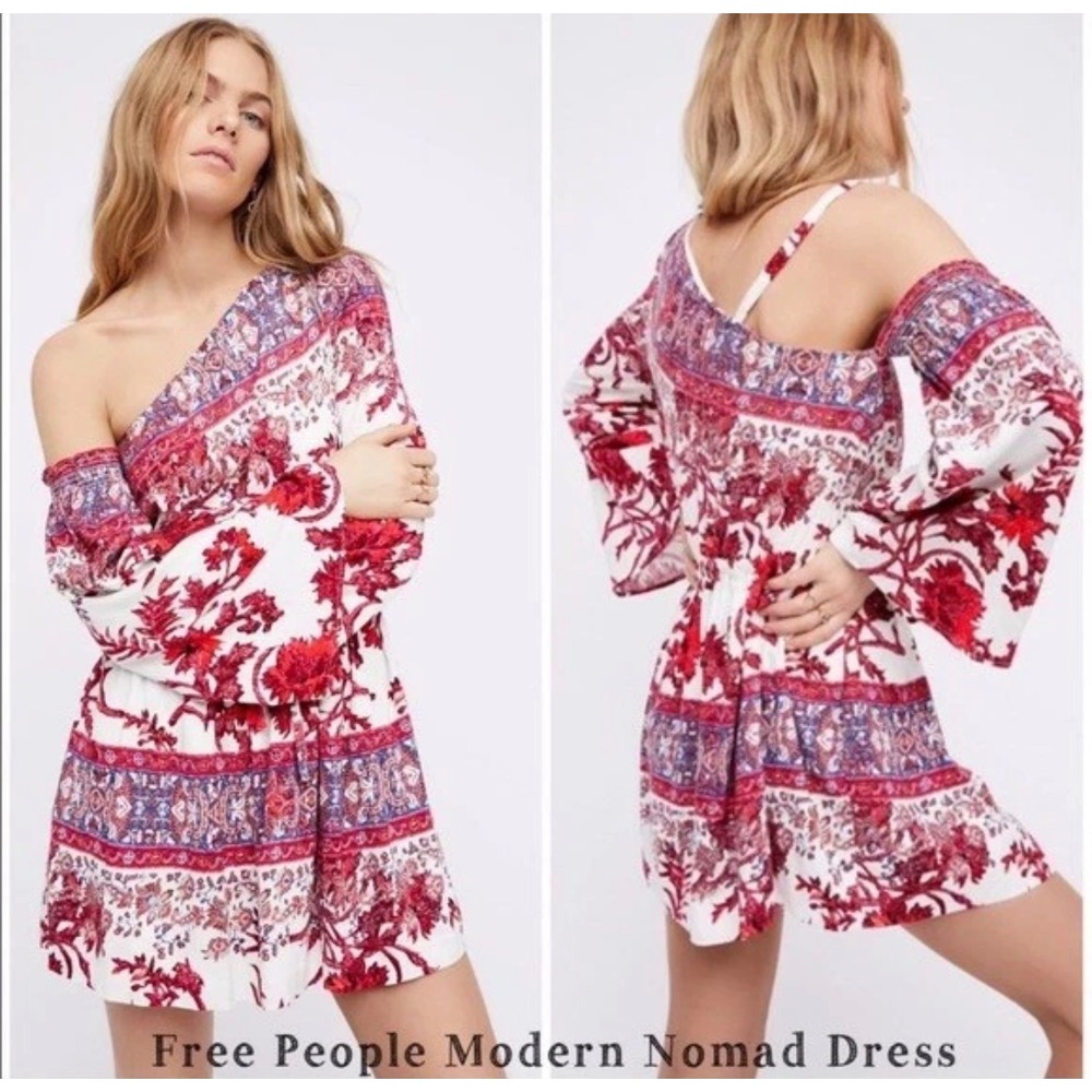 Free People Modern Nomad Mini Dress Red Blue Floral One Shoulder Boho Size Small